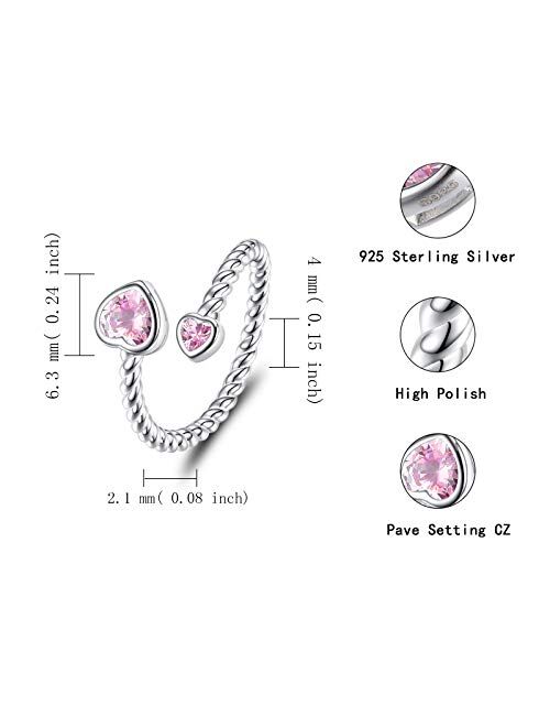 Sterling Silver Birthstone Ring for Women: Heart Cubic Zirconia Month Adjustable Ring Birthday Jewelry Gifts for Teens Girls