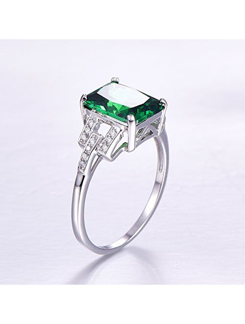 BONLAVIE Women's Created Emerald Rings May Birthstone 925 Sterling Silver Wedding Anniversary Solitaire Engagement Ring