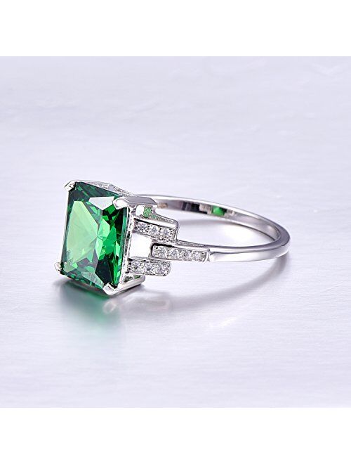 BONLAVIE Women's Created Emerald Rings May Birthstone 925 Sterling Silver Wedding Anniversary Solitaire Engagement Ring