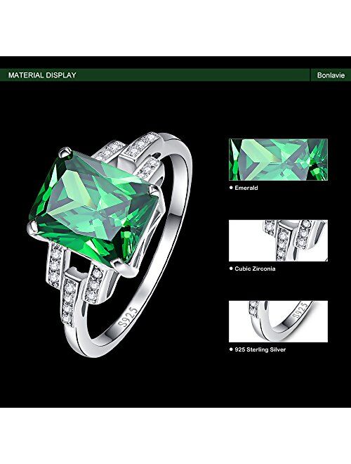 BONLAVIE Women's Created Emerald Rings May Birthstone 925 Sterling Silver Wedding Anniversary Solitaire Engagement Ring