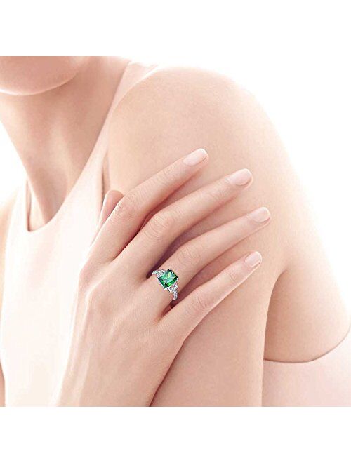 BONLAVIE Women's Created Emerald Rings May Birthstone 925 Sterling Silver Wedding Anniversary Solitaire Engagement Ring