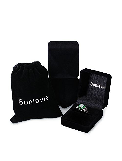 BONLAVIE Women's Created Emerald Rings May Birthstone 925 Sterling Silver Wedding Anniversary Solitaire Engagement Ring