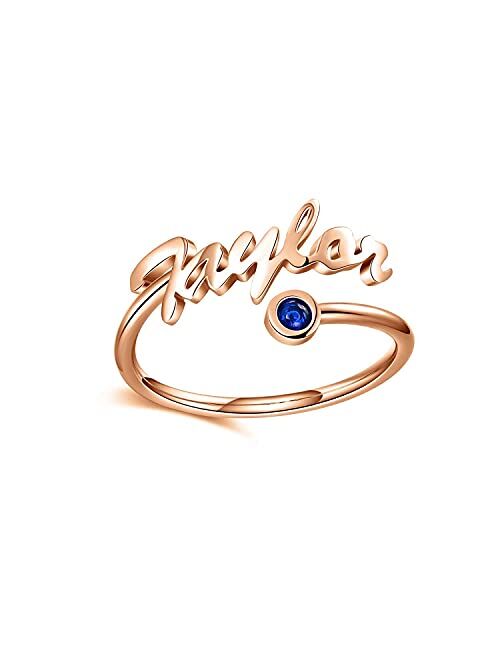 PDTJMTG Name Ring with Birthstone Personalized Engraved Name Plate Custom Ring for Women Girl