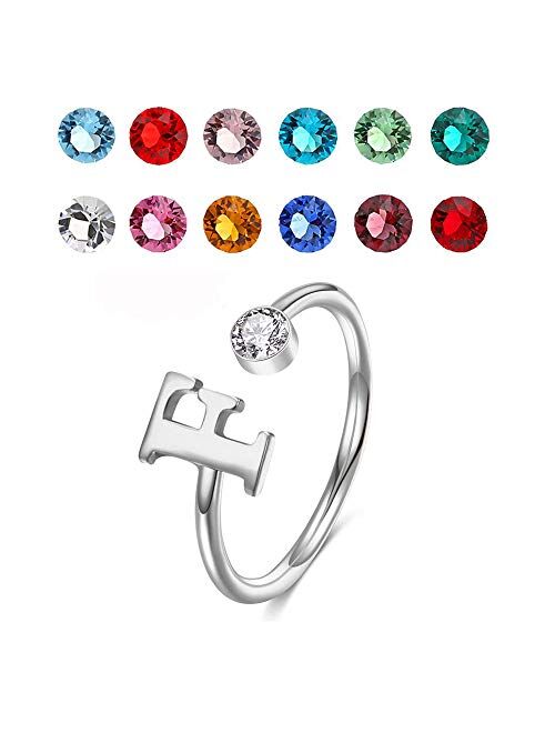 925 Sterling Silver Personalized Initial Name Ring with Simulated Birthstone Cusotm Initial Alphabet Letter Adjustable Size Stackable CZ Wrap Open Ring