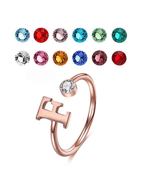 925 Sterling Silver Personalized Initial Name Ring with Simulated Birthstone Cusotm Initial Alphabet Letter Adjustable Size Stackable CZ Wrap Open Ring