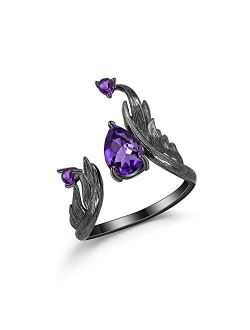 QITIAN Birthstone Rings for Girls Women 1.43Ct Amethyst Original Rings Angel's Wing Ring for Women Birthday Jewelry Gifts Adjustable open Rings for Girlfriend Wife(925 St