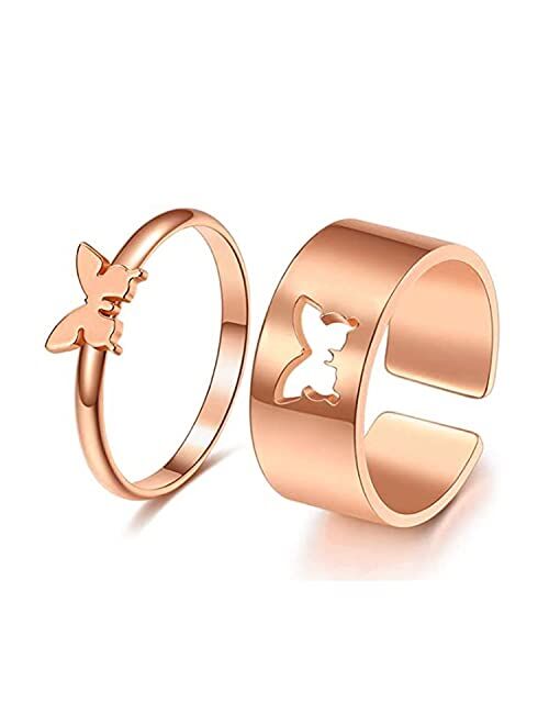 Butterfly Ring For Women Men, Couples Matching Best Friend Trendy Promise Rings Set For Teen Girls Her Gold Plated Adjustable Finger Thumb Jewelry 2pcs