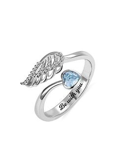 AILIN Custom Birthstone Adjustable Angel Wing Rings 925 Sterling Silver Forever Always Personalized Engraved Rings Women Jewelry Engagement Wedding Birthday Gifts for Her