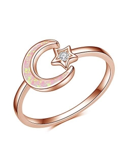 CiNily Cute Opal Rings for Women Girls,Round Cut Orange Opal/Moon Star Rings Silver or 14K Gold Plated Adjustable Ring