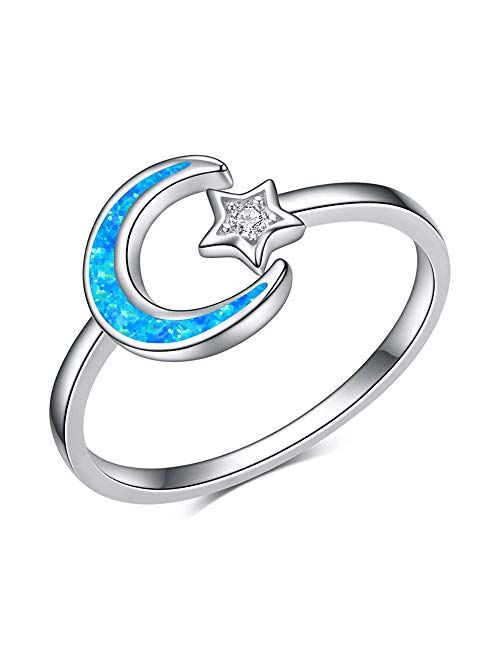 CiNily Cute Opal Rings for Women Girls,Round Cut Orange Opal/Moon Star Rings Silver or 14K Gold Plated Adjustable Ring