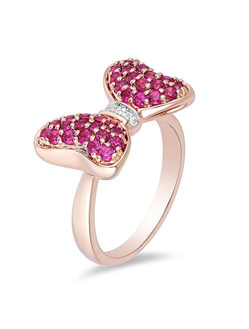 Silvercartvila 1.75mm Garnet & Clear D/VVS1 Diamond Accent Mickey Mouse Bow Ring For Her Gift In 10K Rose Gold Plated