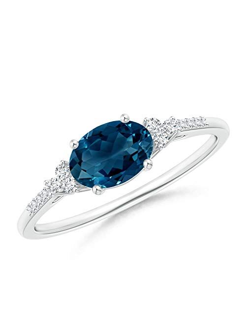 Horizontally Set Oval London Blue Birthstone Topaz Ring with Diamonds (7x5mm London Blue Topaz)