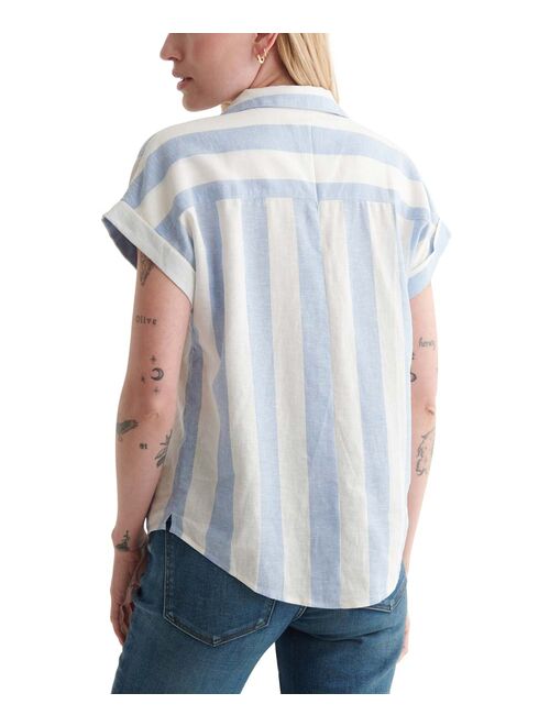 Lucky Brand White & Blue Stripe Tie-Front Short-Sleeve Button-Up - Women