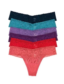 Stretchy Lace Low Rise Thong - Sexy Underwear for Women, Thongs for Women, Seamless Panties for Women (6-Pack)