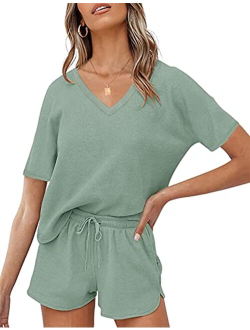 MEROKEETY Women's Short Sleeve Waffle Pajama Sets Lounge Top and Shorts 2 Piece Tracksuit Outfits