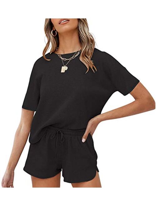 MEROKEETY Women's Short Sleeve Waffle Pajama Sets Lounge Top and Shorts 2 Piece Tracksuit Outfits