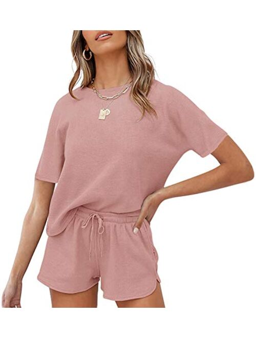 MEROKEETY Women's Short Sleeve Waffle Pajama Sets Lounge Top and Shorts 2 Piece Tracksuit Outfits