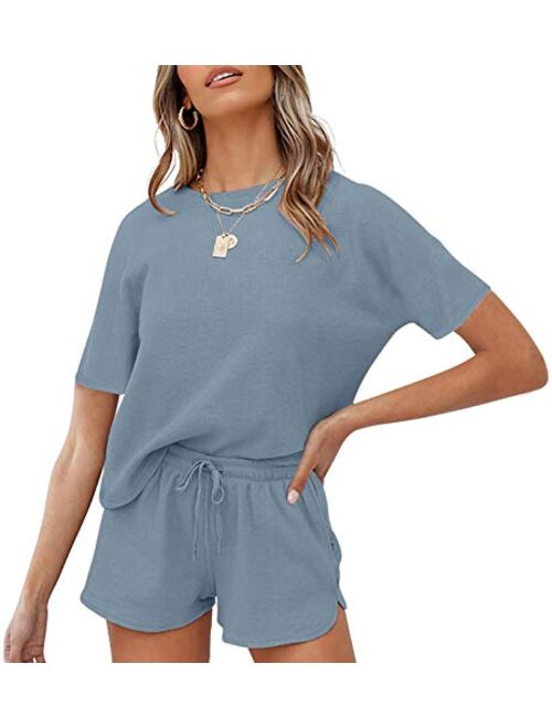 MEROKEETY Women's Short Sleeve Waffle Pajama Sets Lounge Top and Shorts 2 Piece Tracksuit Outfits