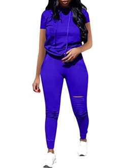 Women Casual 2 Piece Sport Outfits Short Sleeve Ripped Hole Pullover Hoodie Sweatpants Set Jumpsuits