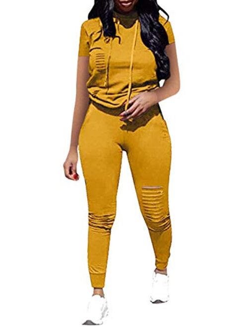 Women Casual 2 Piece Sport Outfits Short Sleeve Ripped Hole Pullover Hoodie Sweatpants Set Jumpsuits