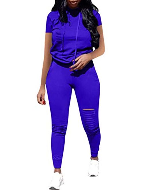 Women Casual 2 Piece Sport Outfits Short Sleeve Ripped Hole Pullover Hoodie Sweatpants Set Jumpsuits