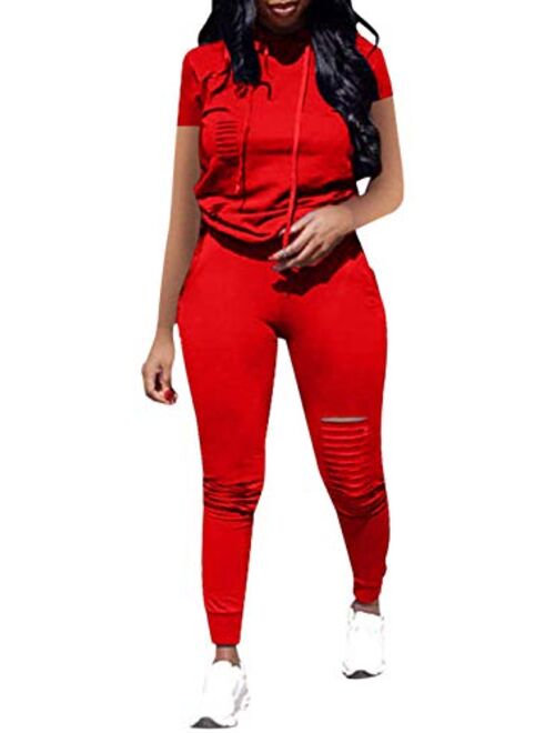 Women Casual 2 Piece Sport Outfits Short Sleeve Ripped Hole Pullover Hoodie Sweatpants Set Jumpsuits