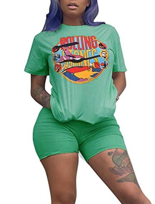 SCORP Women Casual Cotton 2 Piece Outfit Set Cartoon Print T-Shirts Bodycon Shorts Set Jumpsuit Rompers S-XXL