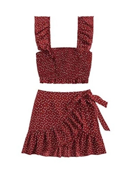 Women's Two Piece Ruffle Trim Cami Crop Top and Wrap Skirt Set