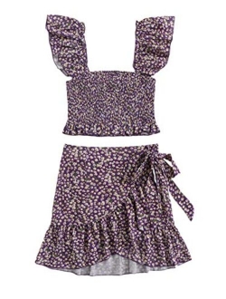 Women's Two Piece Ruffle Trim Cami Crop Top and Wrap Skirt Set