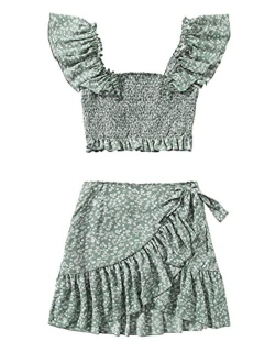 Women's Two Piece Ruffle Trim Cami Crop Top and Wrap Skirt Set