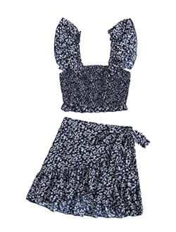 Women's Two Piece Ruffle Trim Cami Crop Top and Wrap Skirt Set