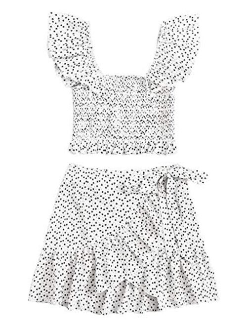 MakeMeChic Women's Two Piece Ruffle Trim Cami Crop Top and Wrap Skirt Set