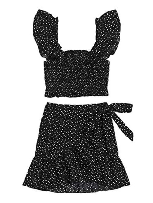 MakeMeChic Women's Two Piece Ruffle Trim Cami Crop Top and Wrap Skirt Set