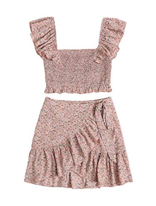 MakeMeChic Women's Two Piece Ruffle Trim Cami Crop Top and Wrap Skirt Set