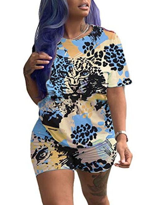 KIRJAUDU Women Casual 2 Pieces Outfit Tie Dye Short Sleeve T-Shirts Pajama Sets Bodycon Shorts Set Jumpsuit Rompers