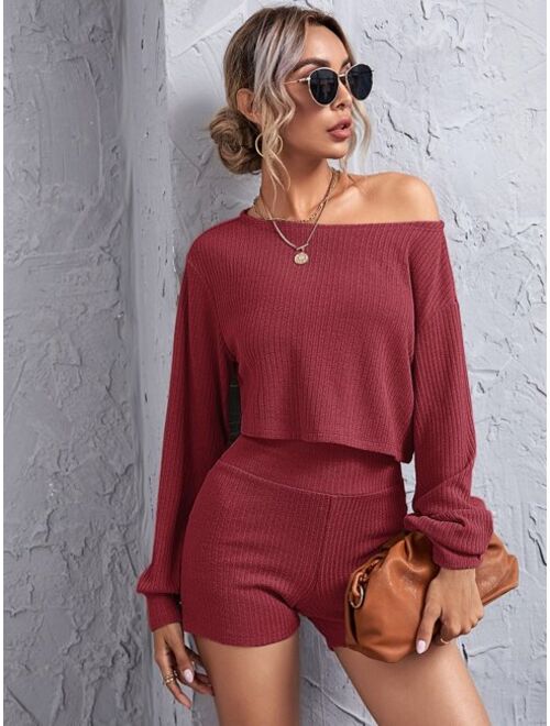 SHEIN Drop Shoulder Rib-knit Crop Top & Wide Waistband Shorts Set