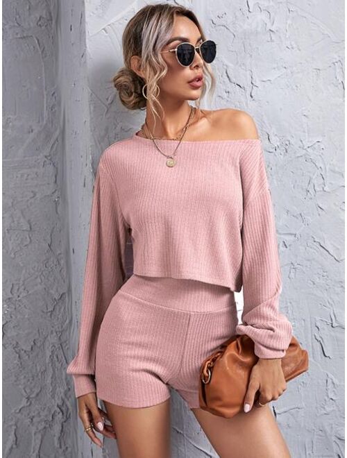 SHEIN Drop Shoulder Rib-knit Crop Top & Wide Waistband Shorts Set