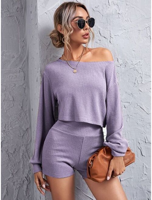 SHEIN Drop Shoulder Rib-knit Crop Top & Wide Waistband Shorts Set