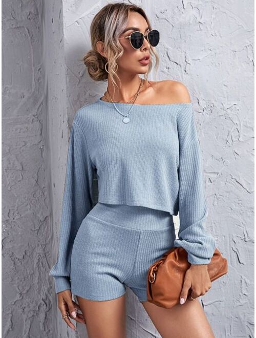 SHEIN Drop Shoulder Rib-knit Crop Top & Wide Waistband Shorts Set