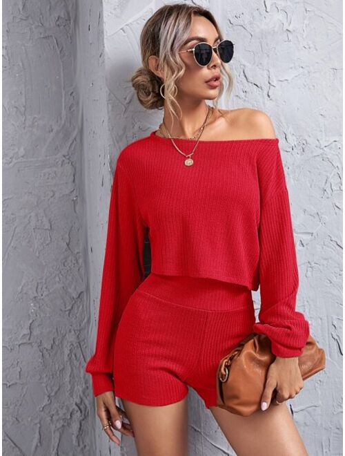 SHEIN Drop Shoulder Rib-knit Crop Top & Wide Waistband Shorts Set