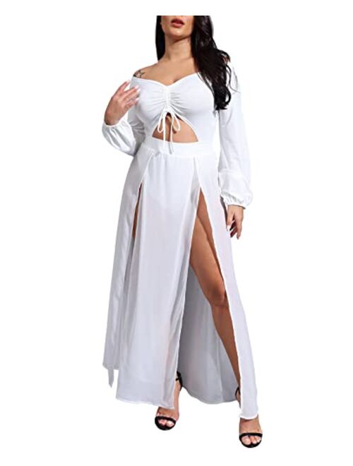 Rela Bota Women's Sexy Vintage 2 Piece Outfit Ruffle Off Shoulder Crop Top Maxi Skirt Slit Party Dress