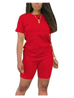 Women’s Casual Two Piece Outfits Short Sleeve Bodycon Shorts Set Jogging Suit Summer