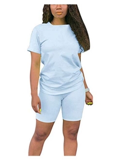 Women’s Casual Two Piece Outfits Short Sleeve Bodycon Shorts Set Jogging Suit Summer