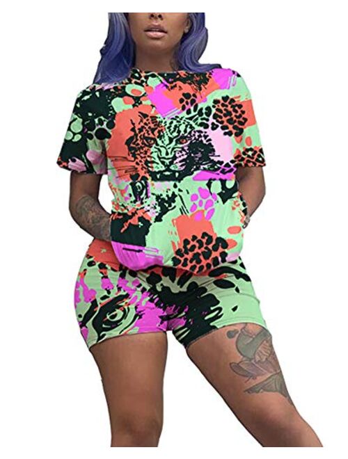 Women’s Casual Two Piece Outfits Short Sleeve Bodycon Shorts Set Jogging Suit Summer