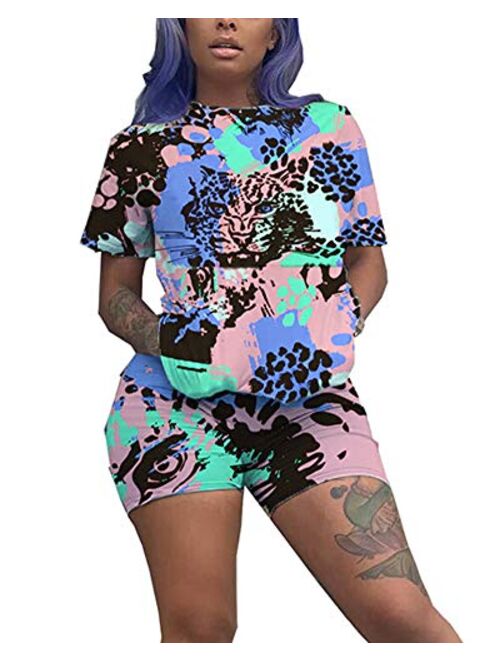 Women’s Casual Two Piece Outfits Short Sleeve Bodycon Shorts Set Jogging Suit Summer