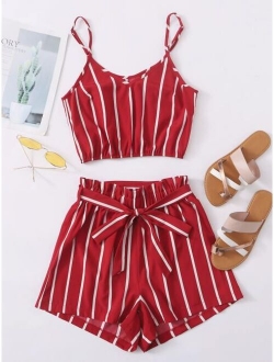 Striped Cropped Cami Top & Belted Paperbag Shorts Set