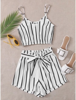 Striped Cropped Cami Top & Belted Paperbag Shorts Set