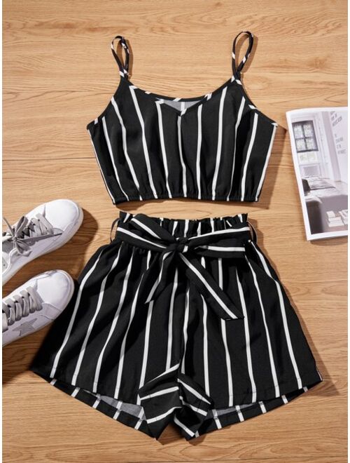 Shein Striped Cropped Cami Top & Belted Paperbag Shorts Set