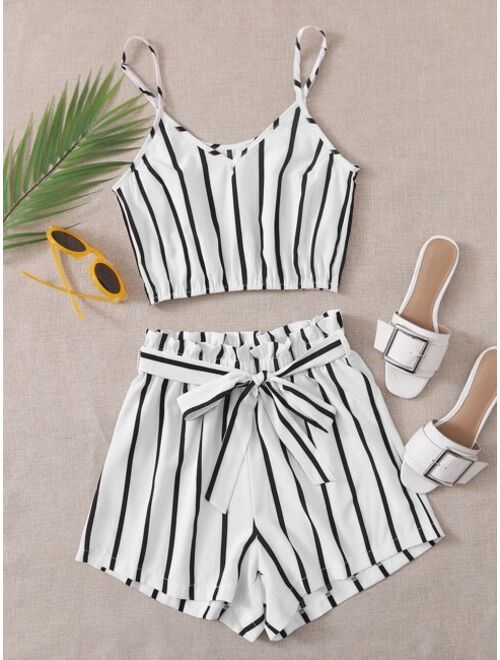 Shein Striped Cropped Cami Top & Belted Paperbag Shorts Set