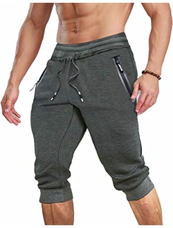 Men's 3/4 Jogger Capri Pants with Zipper Pockets Knee Length Running Training Workout Shorts